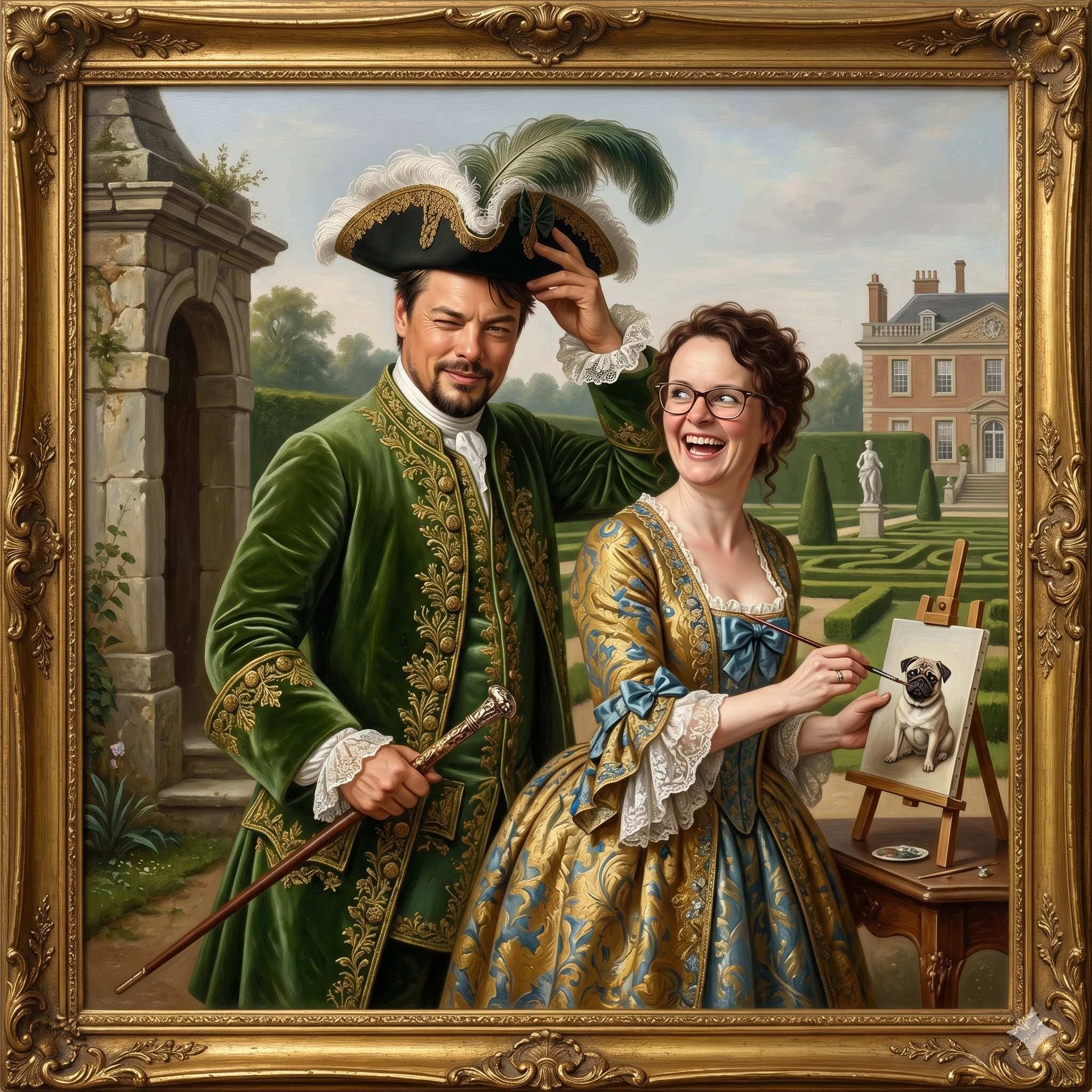 Doris und Chris im Barock-Garten, Chris mit Federhut, Doris malt einen Mops auf eine Leinwand