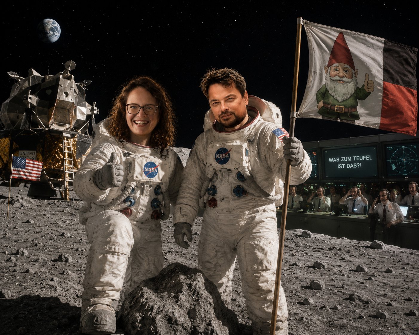 Doris und Chris als Astronauten auf dem Mond mit einer Gartenzwerg-Flagge, im Hintergrund entsetztes Mission Control