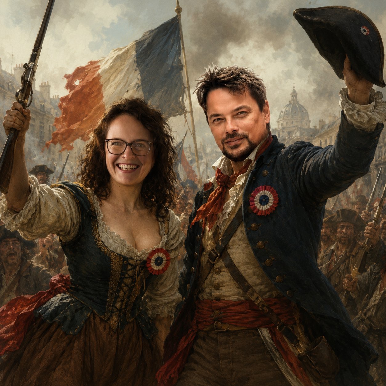 Doris und Chris mitten in der Französischen Revolution mit Trikolore, Muskete und Hut