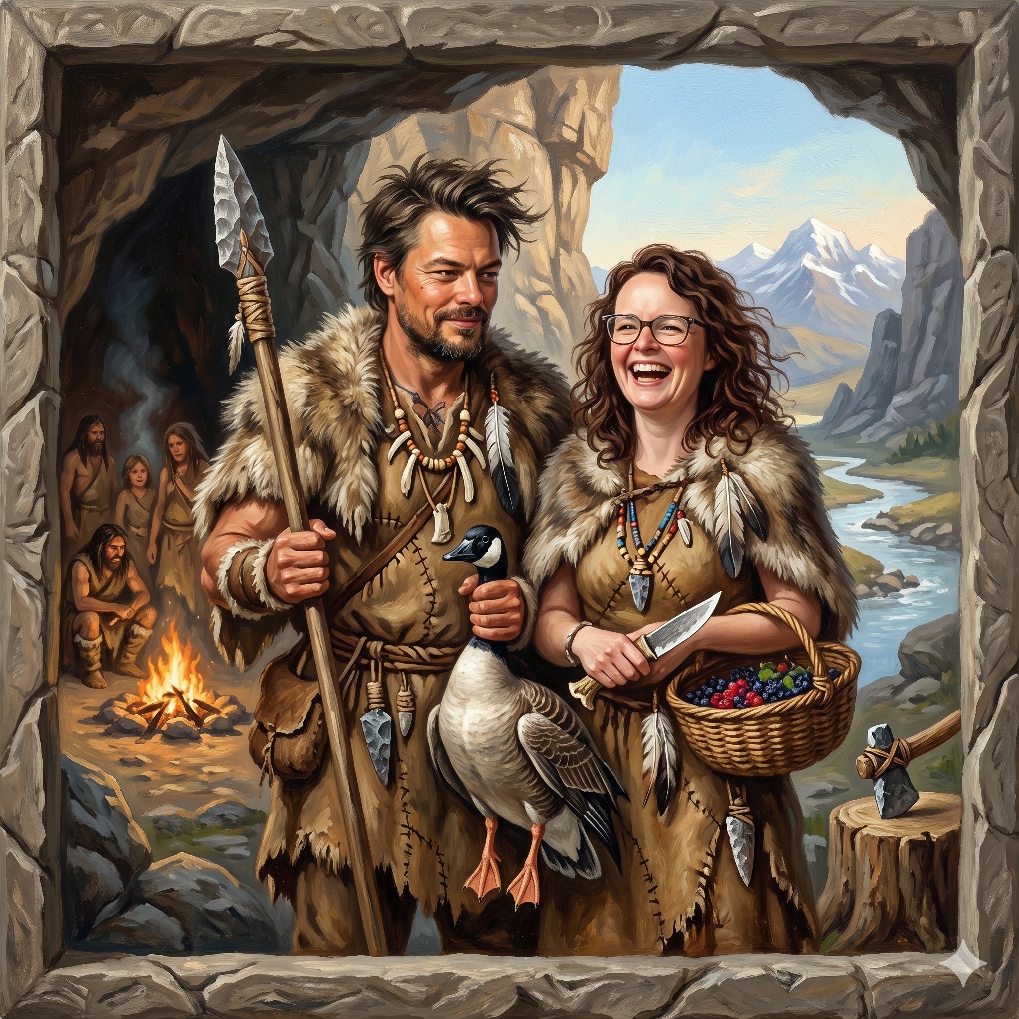 Doris und Chris in Fellkleidung vor einer Höhle, Chris hält Speer und Gans, Doris lacht mit Beerenkorb