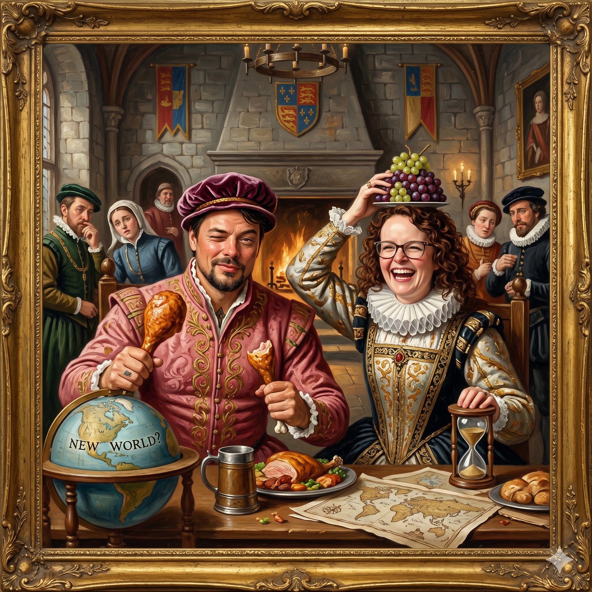 Doris und Chris beim Tudor-Festmahl, Chris mit zwei Hähnchenkeulen, Doris balanciert Trauben auf dem Kopf